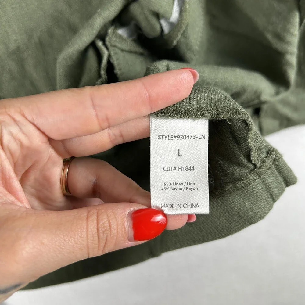 HAVE Jacket Womens Large Green Linen Blend Open Front Roll Tab Sleeves D Ring